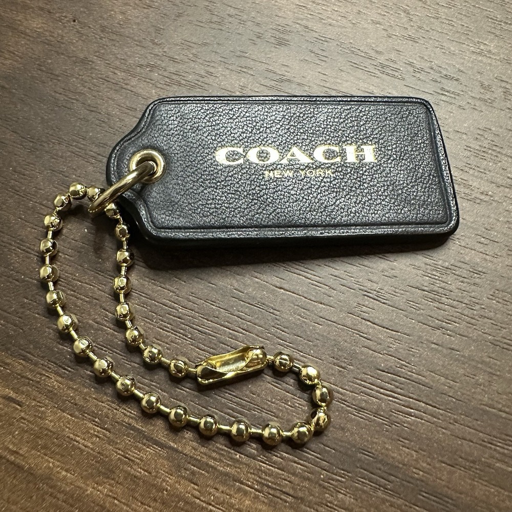 Vintage Coach Keychain Leather Key Fob Tag Bag Charm 2" Black Silver/Gold Tone